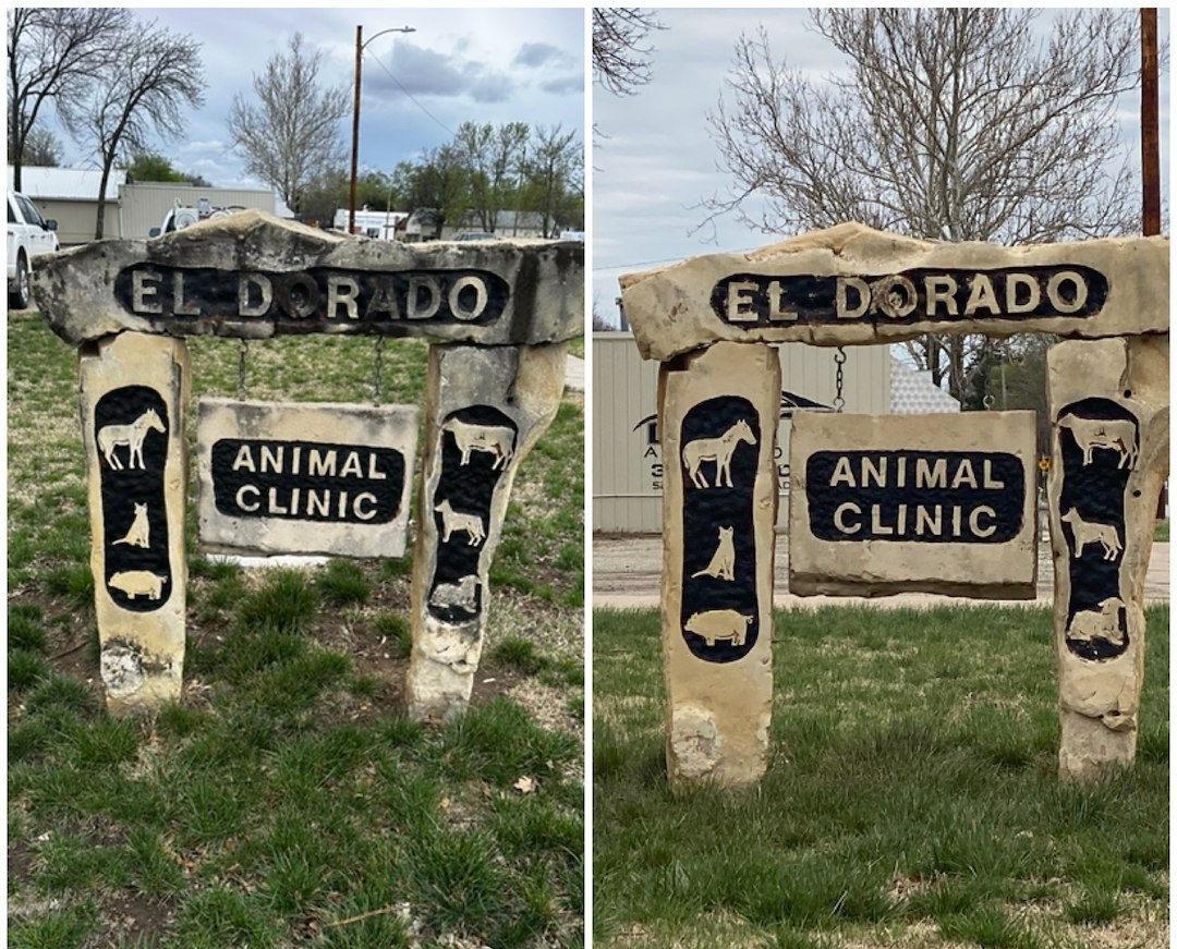 Limestone Sign Cleaning at Animal Clinic El Dorado, KS